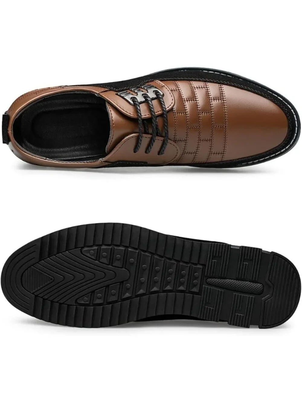 Men's Brown Plaid Embossed Grid Leather Comfortable Hybrid Oxford Dress Sneakers